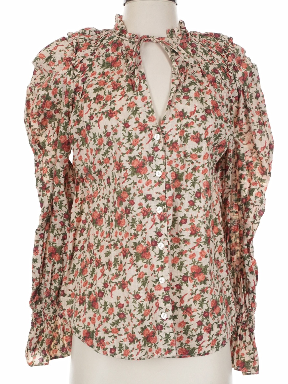 Free People Rose Print Tie-Neck Puff Sleeve Blouse in Cream and Rose